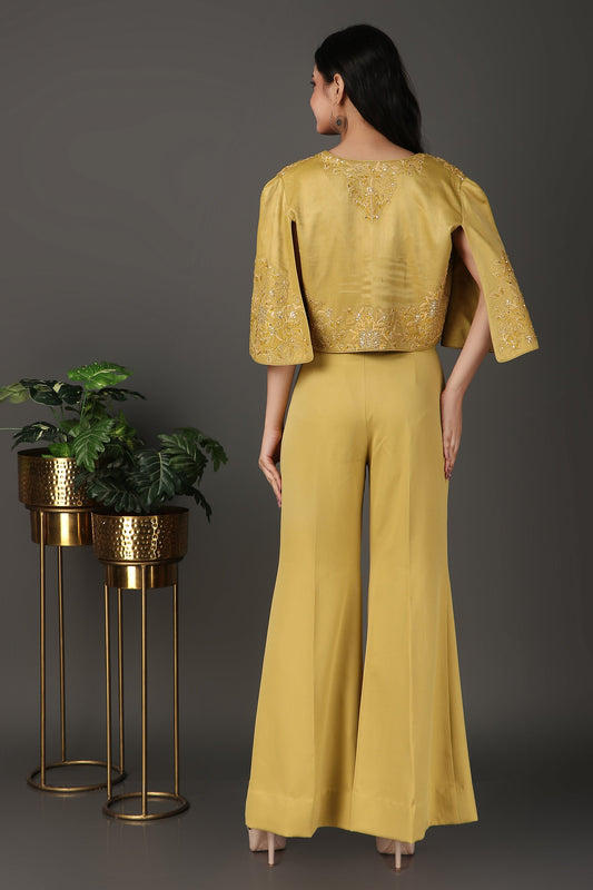 Yellowish Green Embellished Jacket Co-Ord Set with Plazzo and Bust Wear