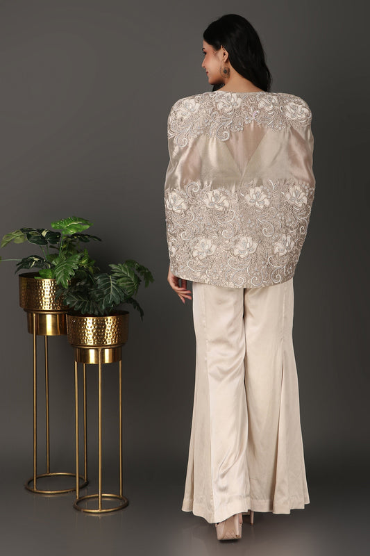 Ivory Luxury Co-Ord Set with Statement Embroidered Cape