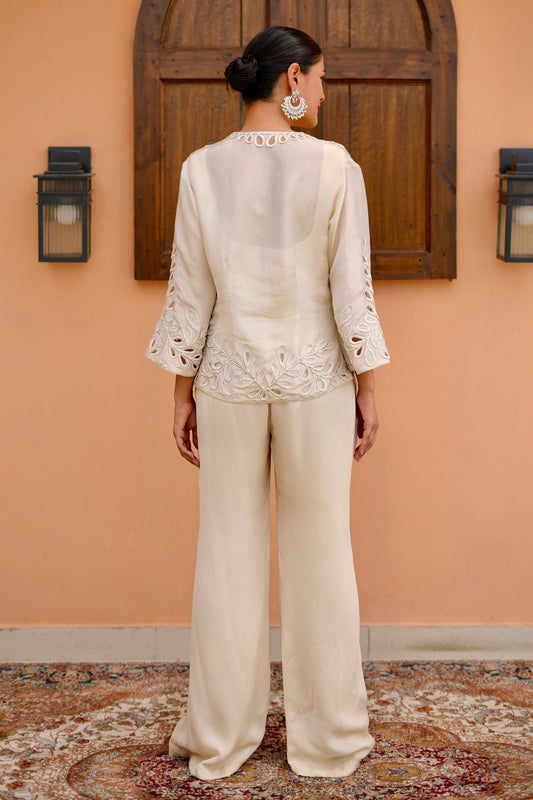 Off White Pintuck Blouse With Cutwork Palazzo And Embellished Indo Western Jacket