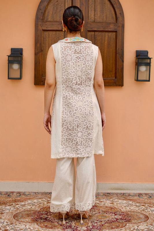 Contemporary Beige Indo Western Look With Crossia Jacket Cutwork Joot Pants And Kurta