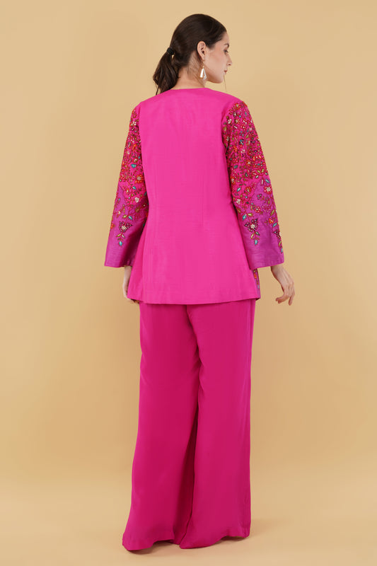 Embroidered Magenta Plazo Set with Bustier and Heavy Colorful Thread, Moti And Dabka Jacket