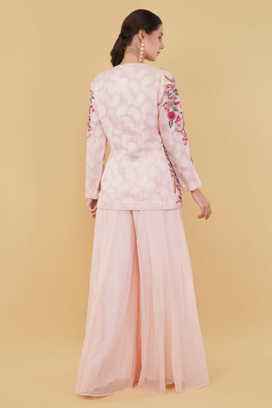 Pink Self Chanderi Kurti Set with Multicolor Thread Work and Sequin Cutdana Jacket