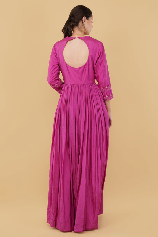 Festive Mauveish Pink Silk Anarkali with Kashmiri Embroidery on Yoke And Organza Dupatta