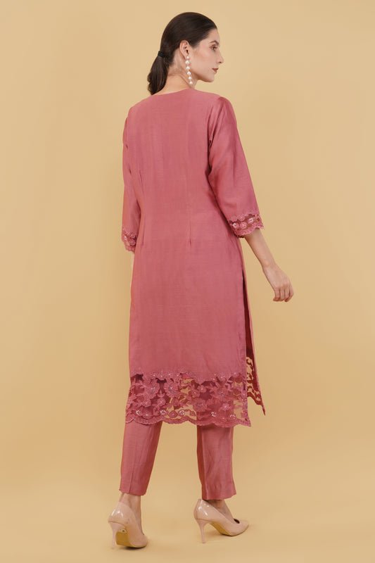 Elegant Salmon Straight Suit with Cutwork Front Panel and Pants