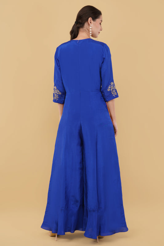 Royal Blue Jumpsuit with Handworked Yoke Featuring Sequin Dabka Zari And Moti