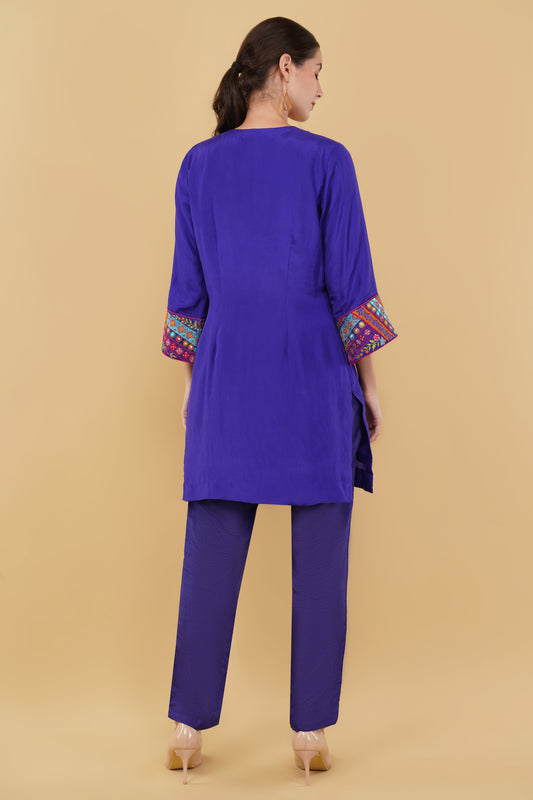 Blue Silk Straight Suit with Colorful Thread Sequin And Mirror Embellishment