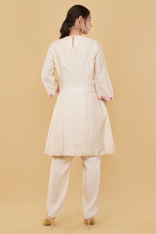 Designer Crème Khadi A-Line Kurta Set Featuring Mirror and Pearl Handwork