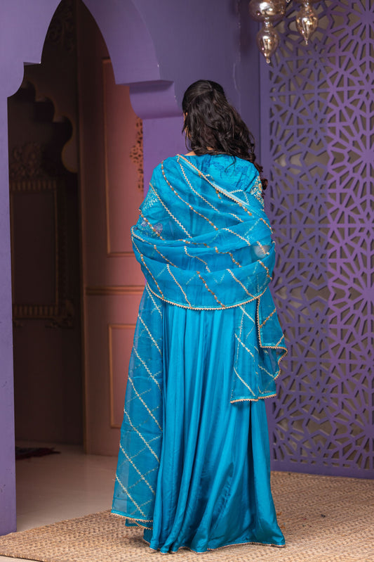 Luxury Peacock Blue Raw Silk Yoke Anarkali with Detailed Hand Embroidery