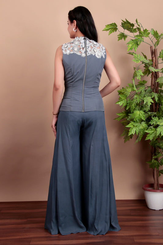 Modern Grey Indo-Western Palazzo Set with Hand-Embroidered Floral Top