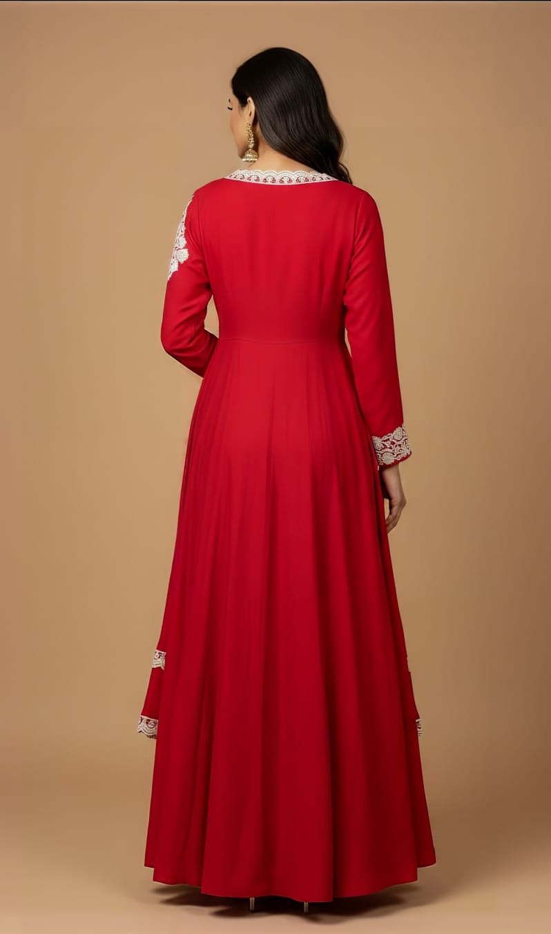 Elegant Red Silk Anarkali Outfit with Intricate Sequin Thread and Pearl Detailing