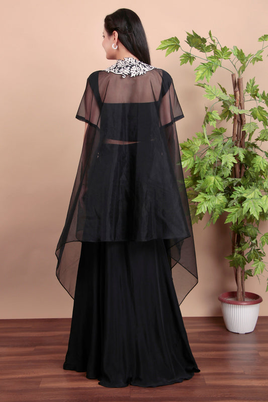 Black Indo-Western Draped Set with Tube Top, Dhoti Skirt and Ivory Floral Embroidered Cape