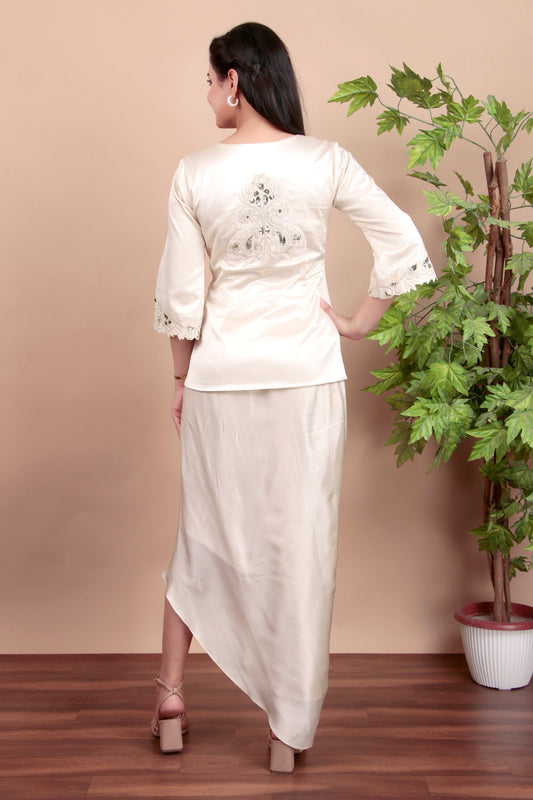 Ivory Luxury Indo-Western Ensemble with Intricate Sequin Zari Jacket and Draped Skirt