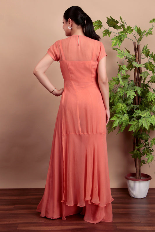 Elegant Coral Indo-Fusion Ensemble Featuring Sheer Top and Flared Palazzo