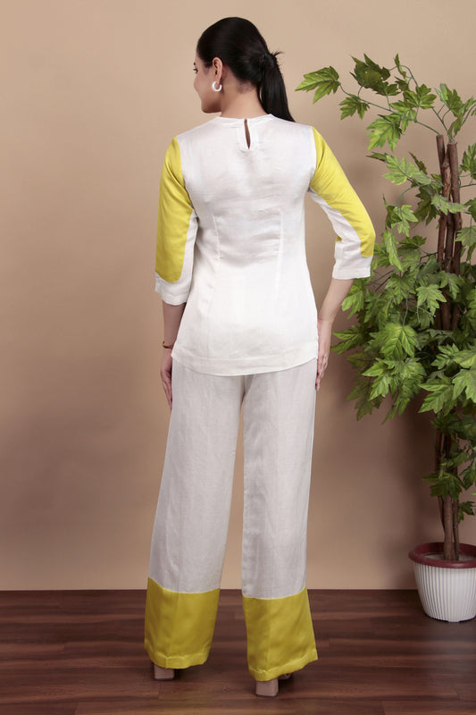 Casual Elegant Lemon Yellow White Kurta Pant Co-Ord Set