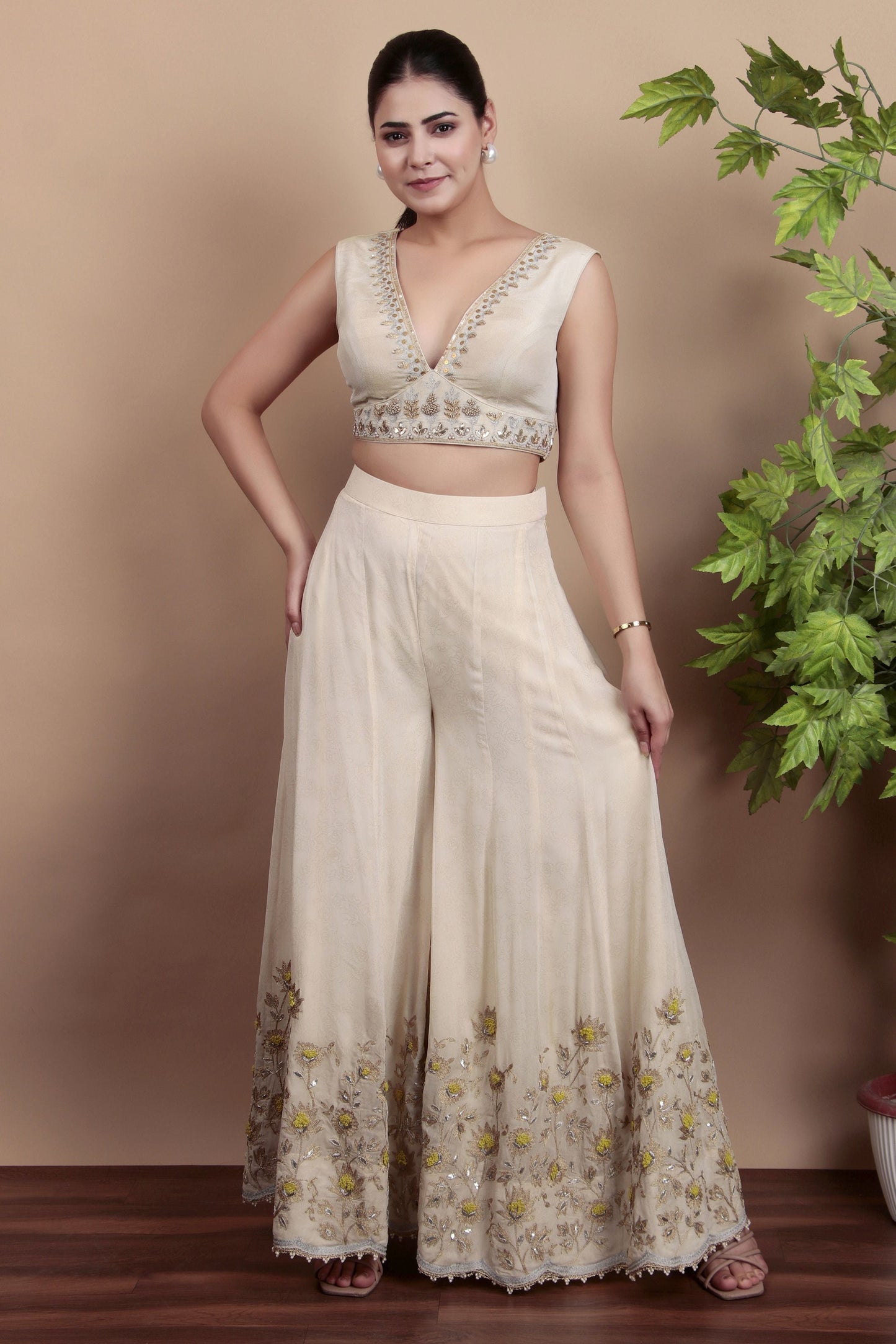 Yellow Gotta Patti Cape Set with Embroidered Blouse and Floral Palazzos