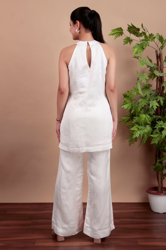 Hand-Painted Floral Halter Co-Ord Set with Minimal Pearl Embroidery