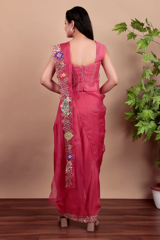 Pink Indo-Western Embroidered Blouse Set with Zari Dhoti Skirt and Organza Dupatta
