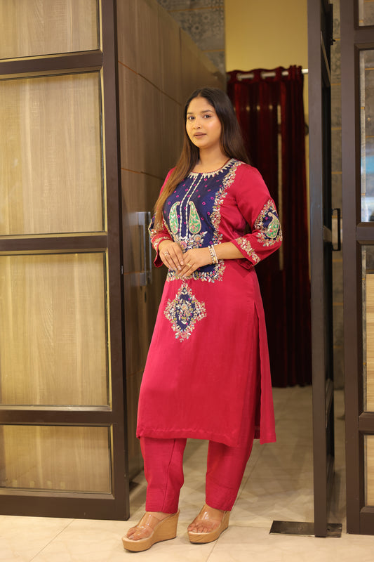 Wine Luxury Banjhej Suit Set with Bottoms