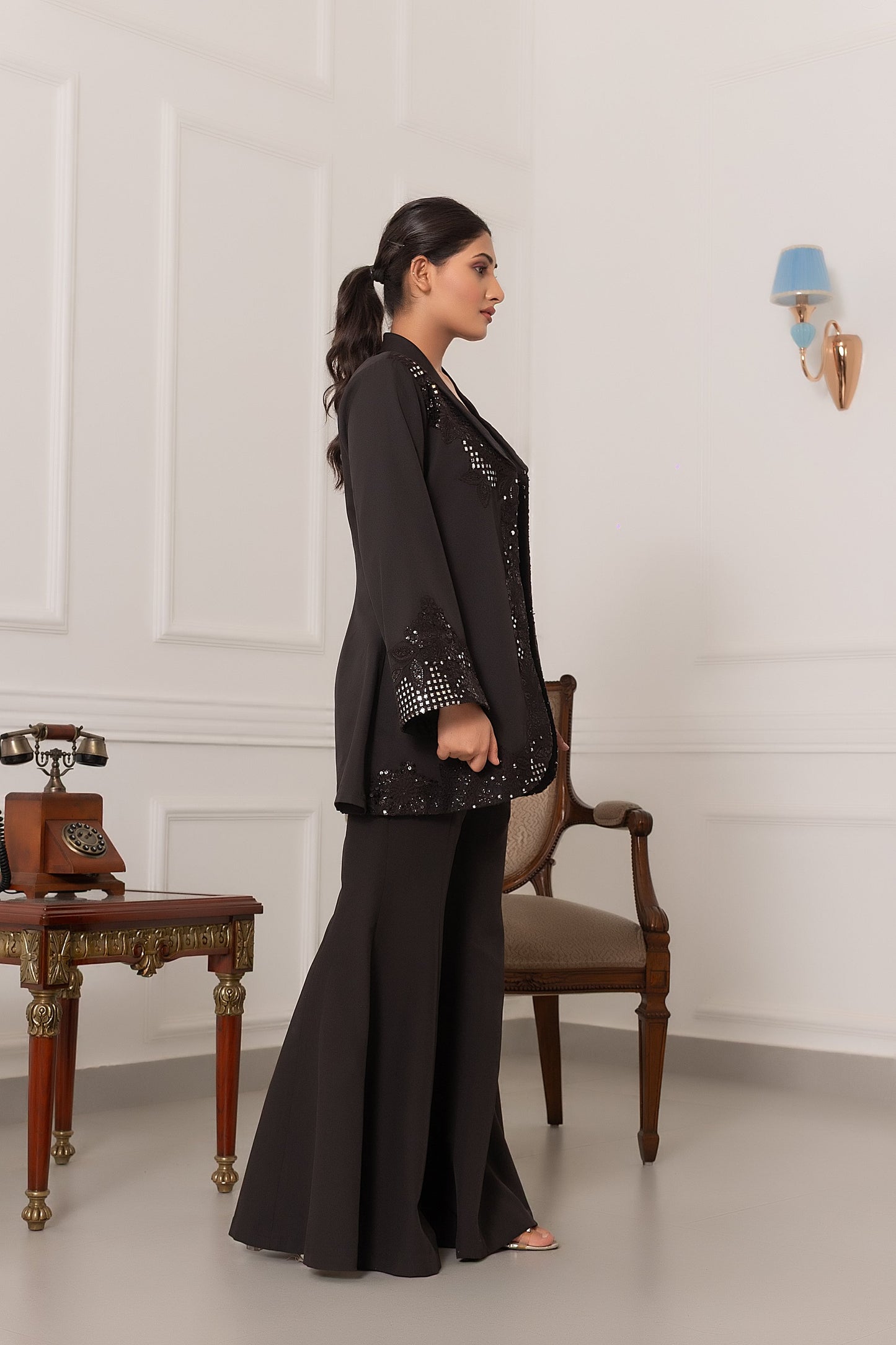 Black Three-Piece Designer Indo-Western Set with Sequin Mirror-Embroidered Jacket