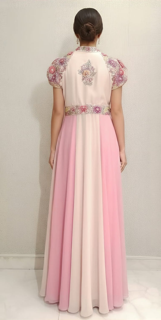 Festive Wear Pink Anarkali Suit With Organza Yoke Embossed Flowers And Sequins