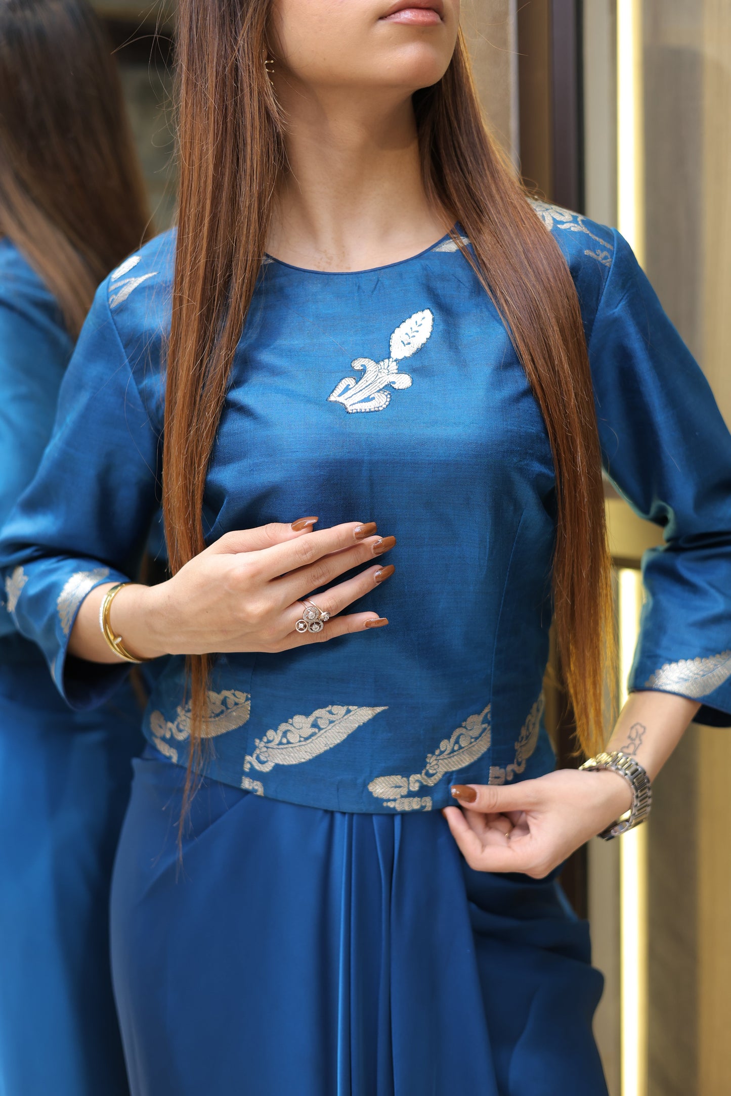 Teal Blue Brocade and Crepe Draped Fusion Outfit