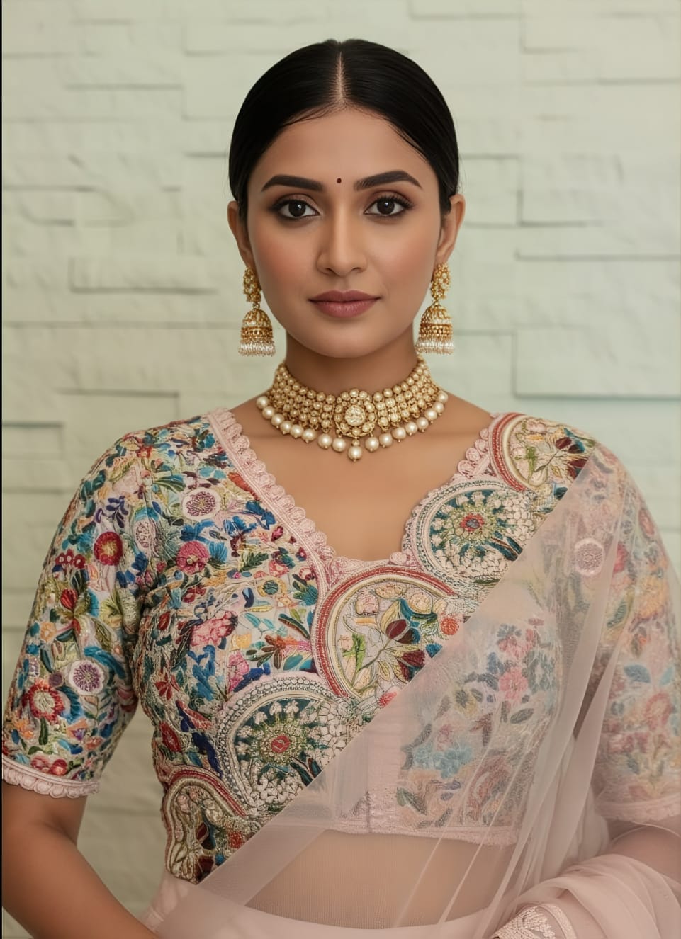 Designer Pink Lehenga Saree Featuring Lakhnavi Work on Georgette and Organza
