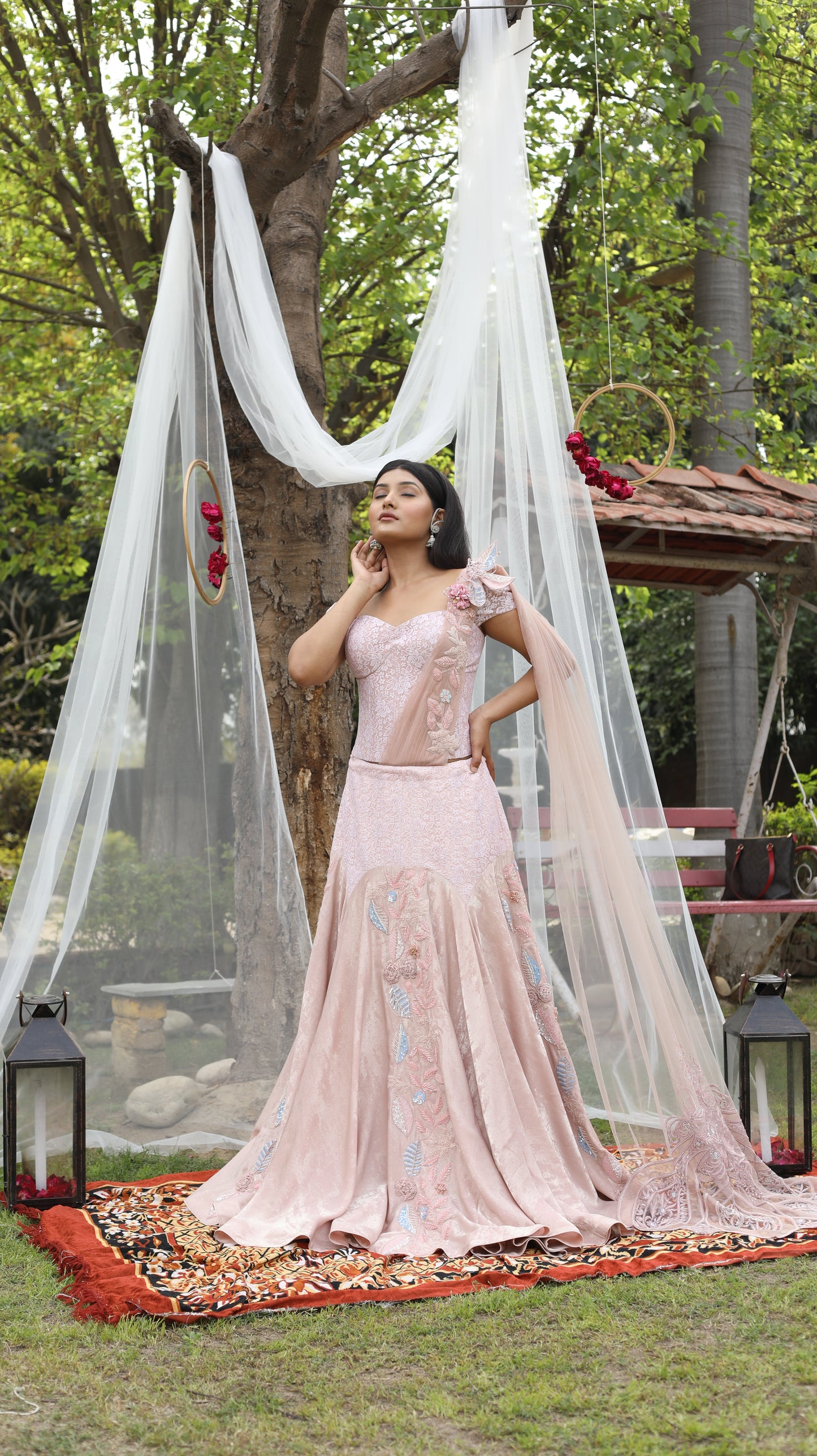 Onion Pink Designer Drape Saree With Sequins Crystal And Dori Work