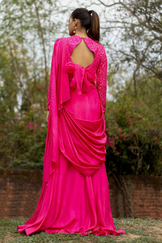 Rani Party Wear Cocktail Drape Saree with Ready Blouse