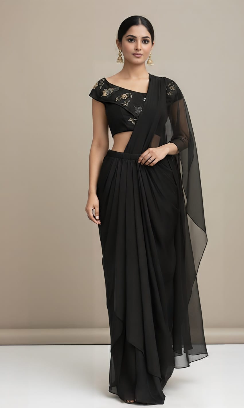 Black Luxury Satin Organza Saree with 3D Effect and Cutdana Work