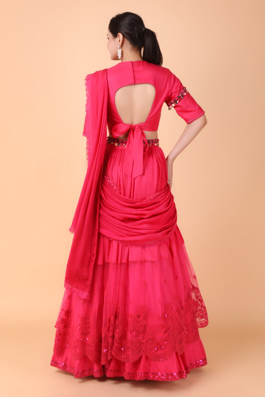 Magenta Handwork Drape Saree Set With High-Low Pallu and Belted Blouse
