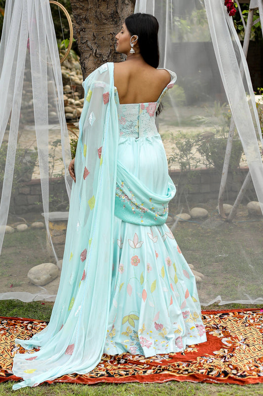 Elegant Aqua Corset Saree With Intricate Thread Cutdana Pearl And Sequins Work