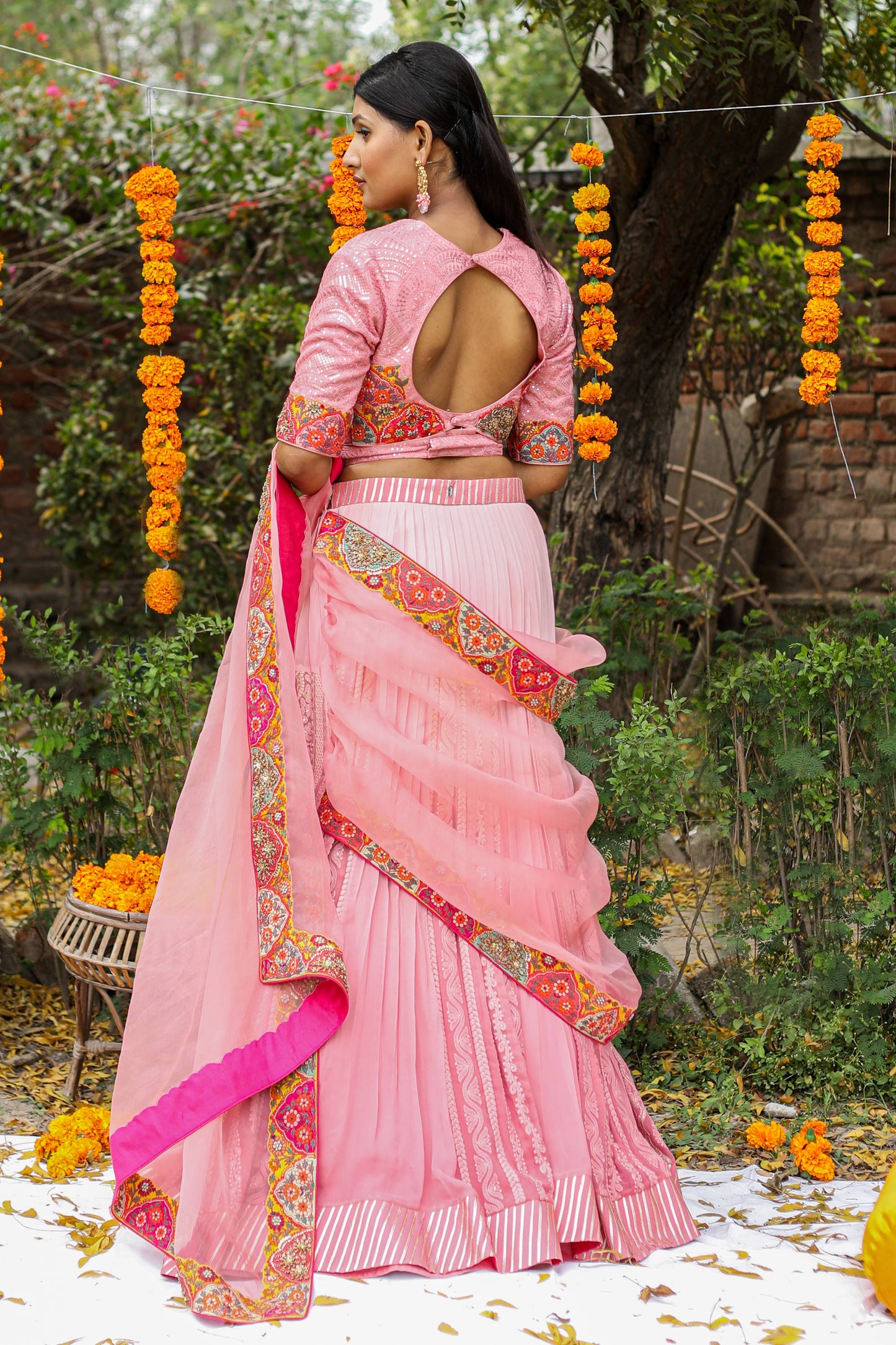 Bridal Style Hot Pink Lehenga Saree With Lakhnavi Embroidery Sequins And Patchwork