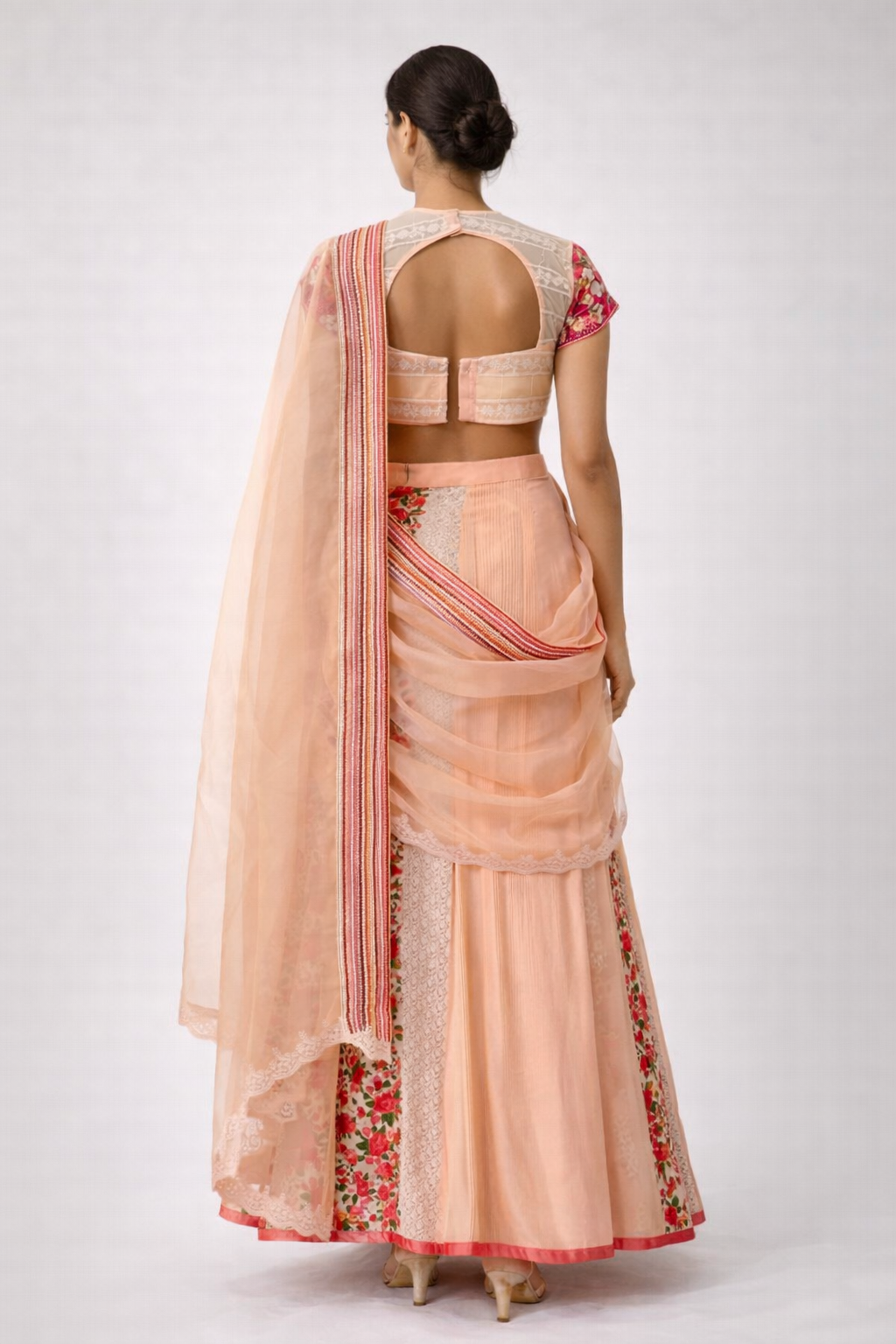 Designer Peach and Red Lehenga Saree with Rich Hand Embellishments