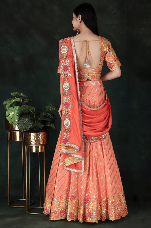 Elegant Orange Lehenga Saree with Rich Weaving Contrast Yellow Blouse And Handworked Silk Pallu