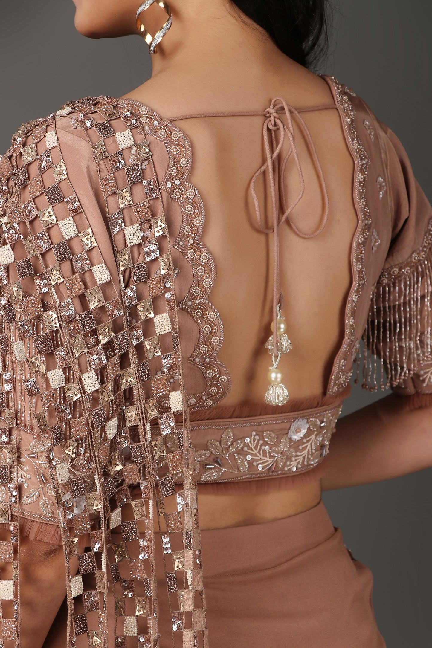 Brown Designer Drape Saree in Georgette Crepe With Cutdana And Pearl Work