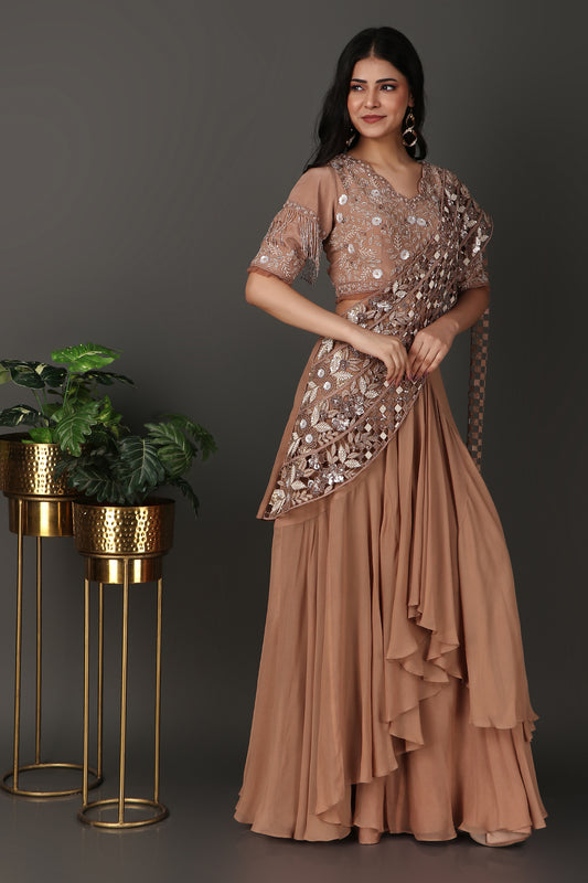 Brown Designer Drape Saree in Georgette Crepe With Cutdana And Pearl Work
