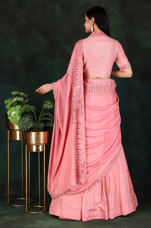 Peach Lehenga Saree with Embroidered Collar Blouse and Handwork Silk Pallu
