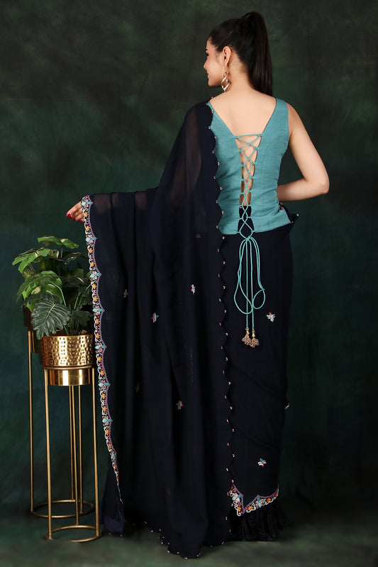Festive Blue Palazzo Saree in Crushed Silk with Heavy Embroidered Blouse