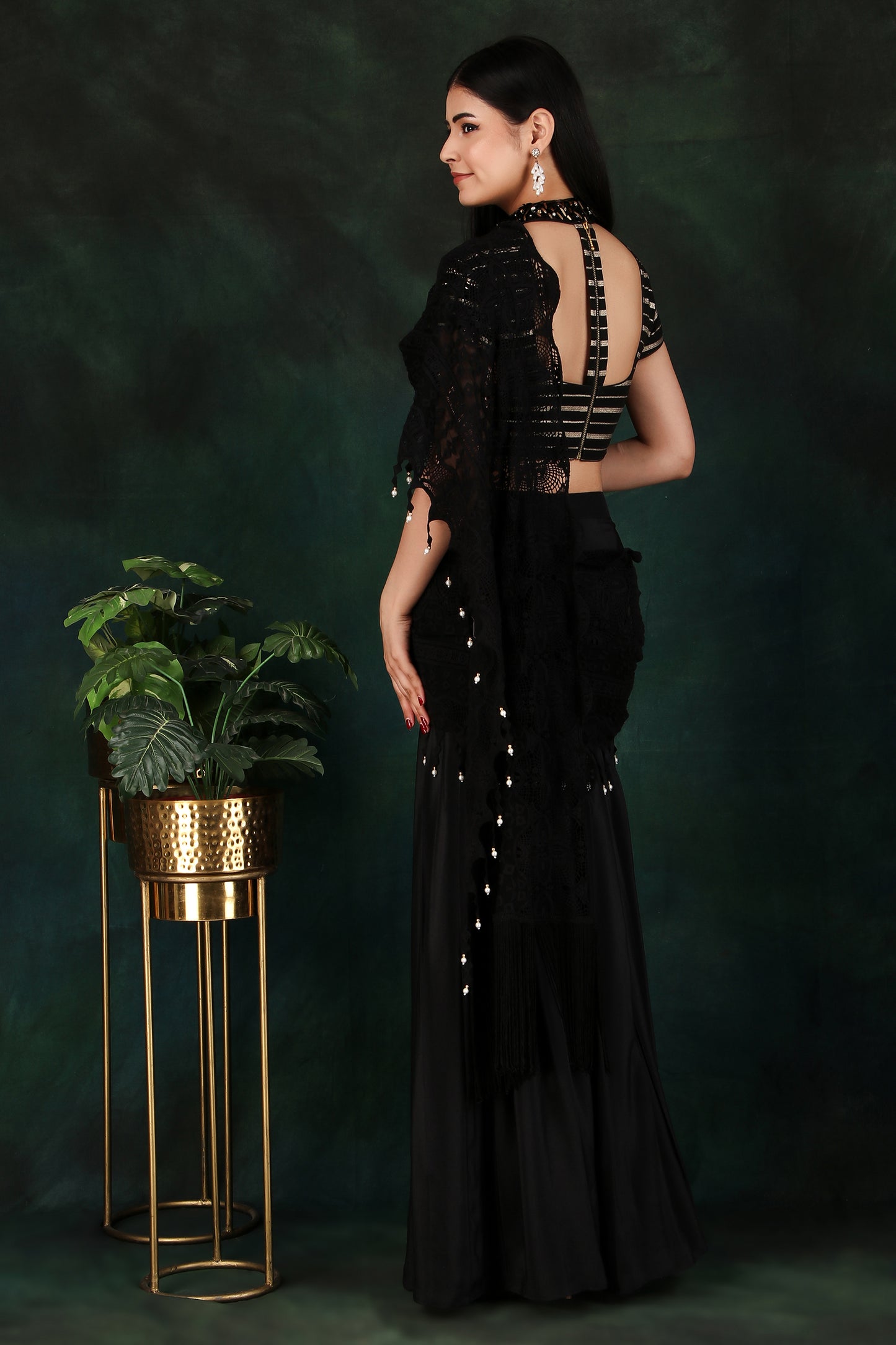 Black Box Pleat Saree With Fancy Cutdana Sequin And Metal Work Stripe Blouse