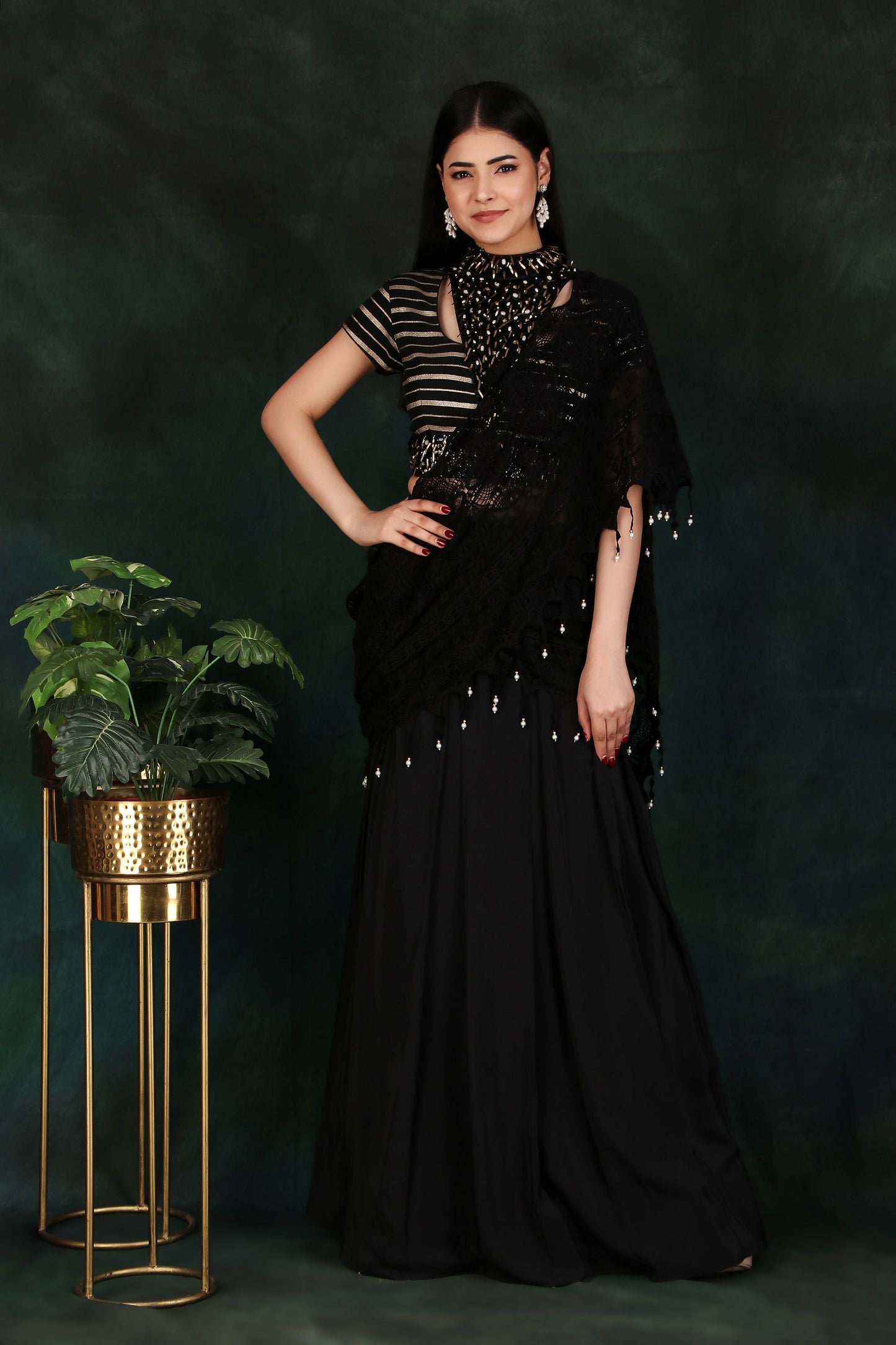 Black Box Pleat Saree With Fancy Cutdana Sequin And Metal Work Stripe Blouse