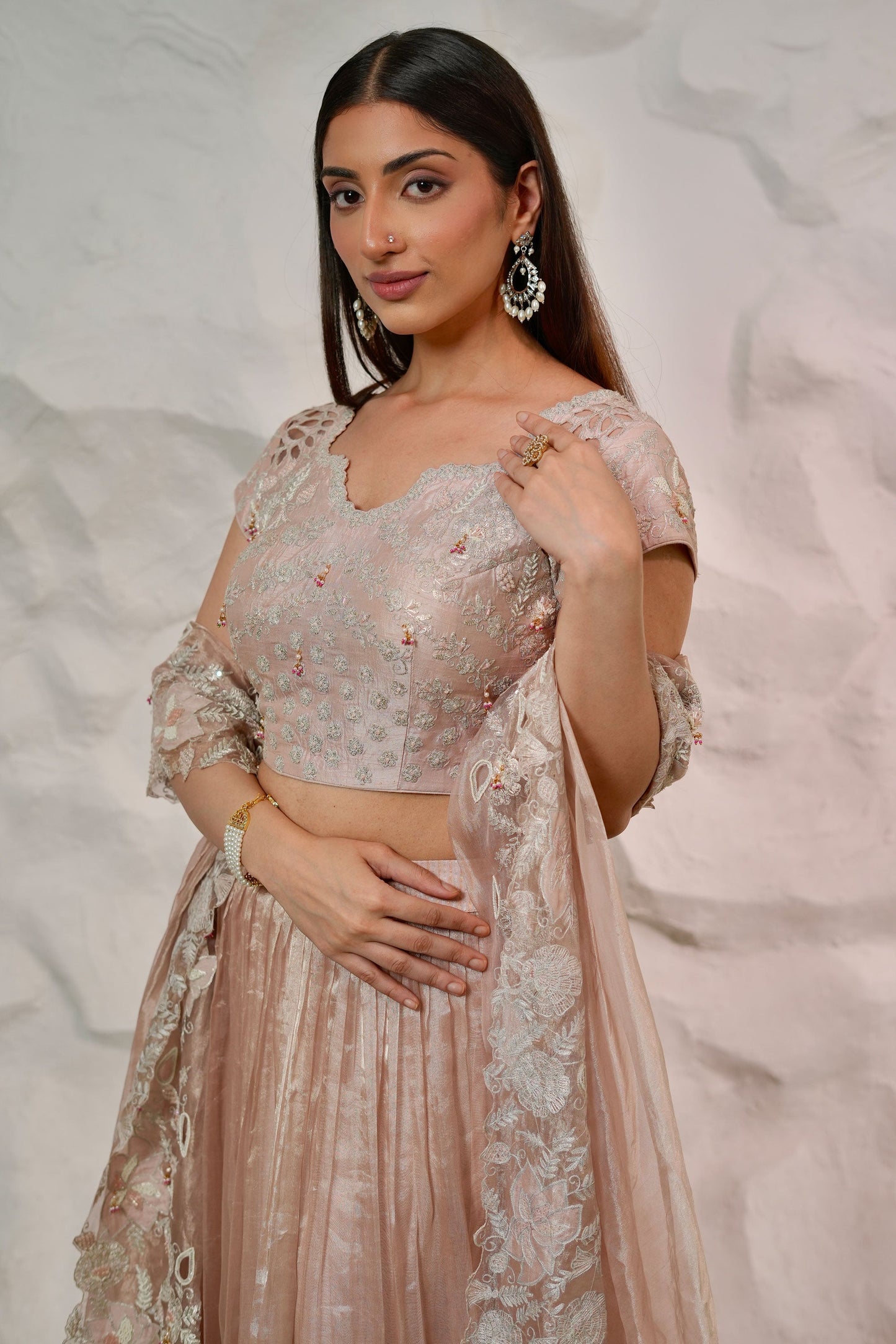 Onion Pink Embroidered Tissue Lehenga with Heavy Blouse and Matching Tissue Pallu