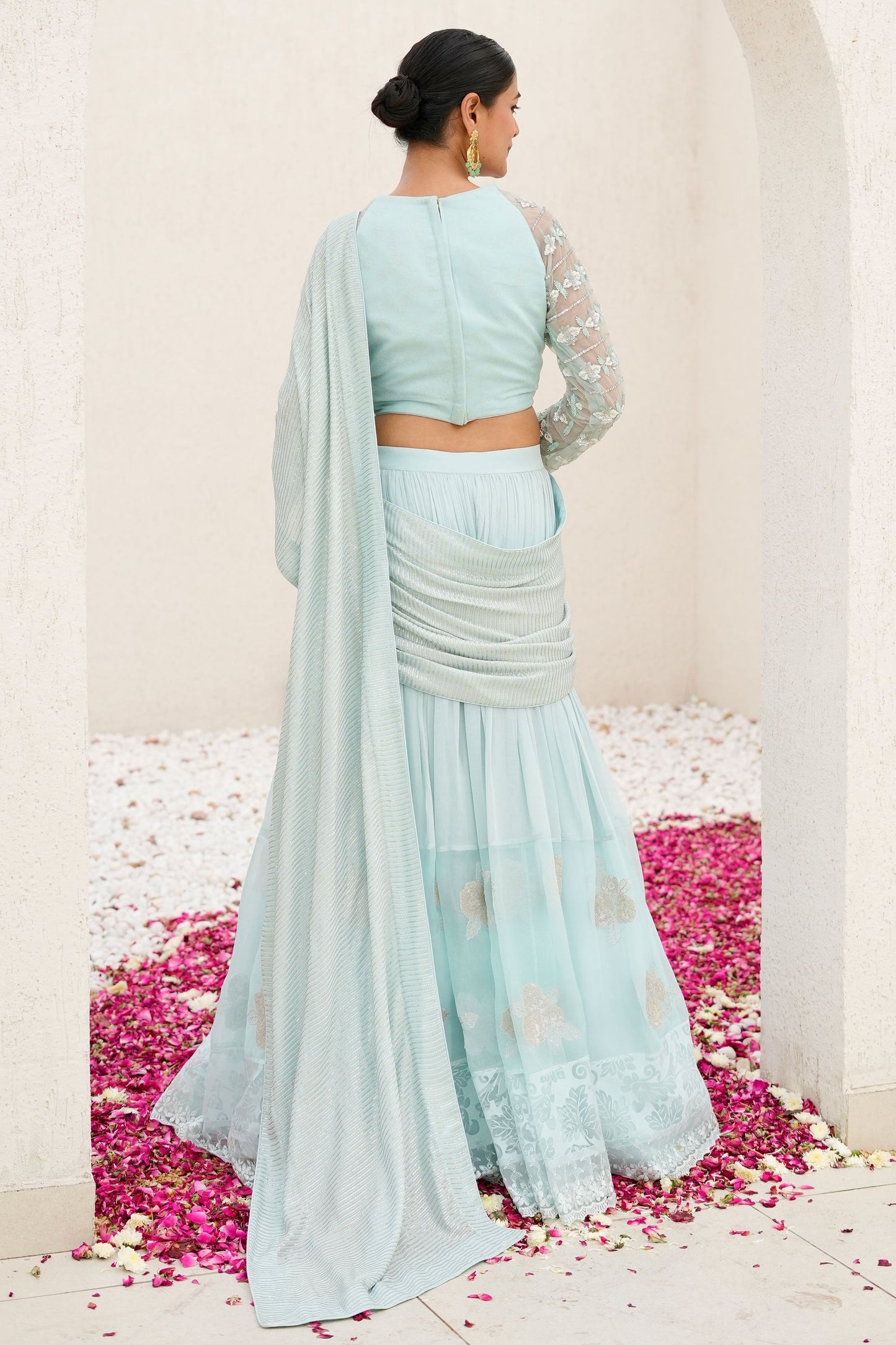 Ice Blue Sequined Lehenga Saree with Full Sleeve Heavy Embroidery Blouse