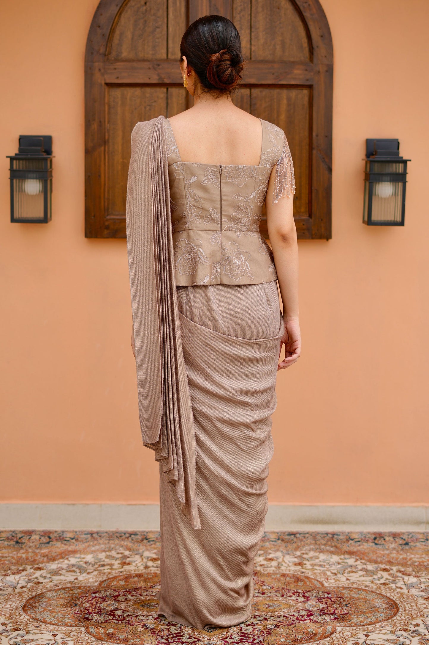 Elegant Mouse Cutdana And Crystal Embroidery Paired Draped Saree With Peplum Blouse