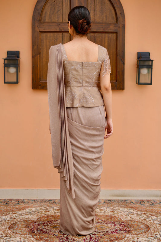 Elegant Mouse Cutdana And Crystal Embroidery Paired Draped Saree With Peplum Blouse