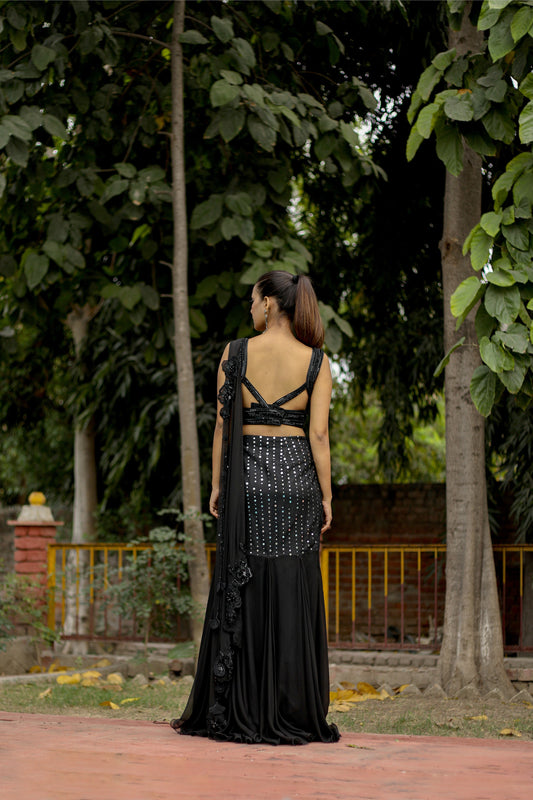 Black Cocktail Drape Saree with Matching Blouse and Pallu