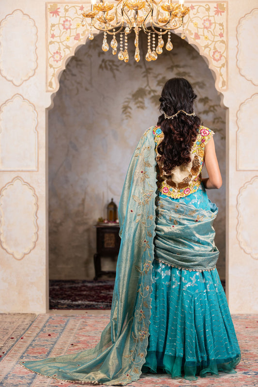 Ferozi Party Wear Lehenga Saree with Contrast Beige Blouse And Tissue Dupatta