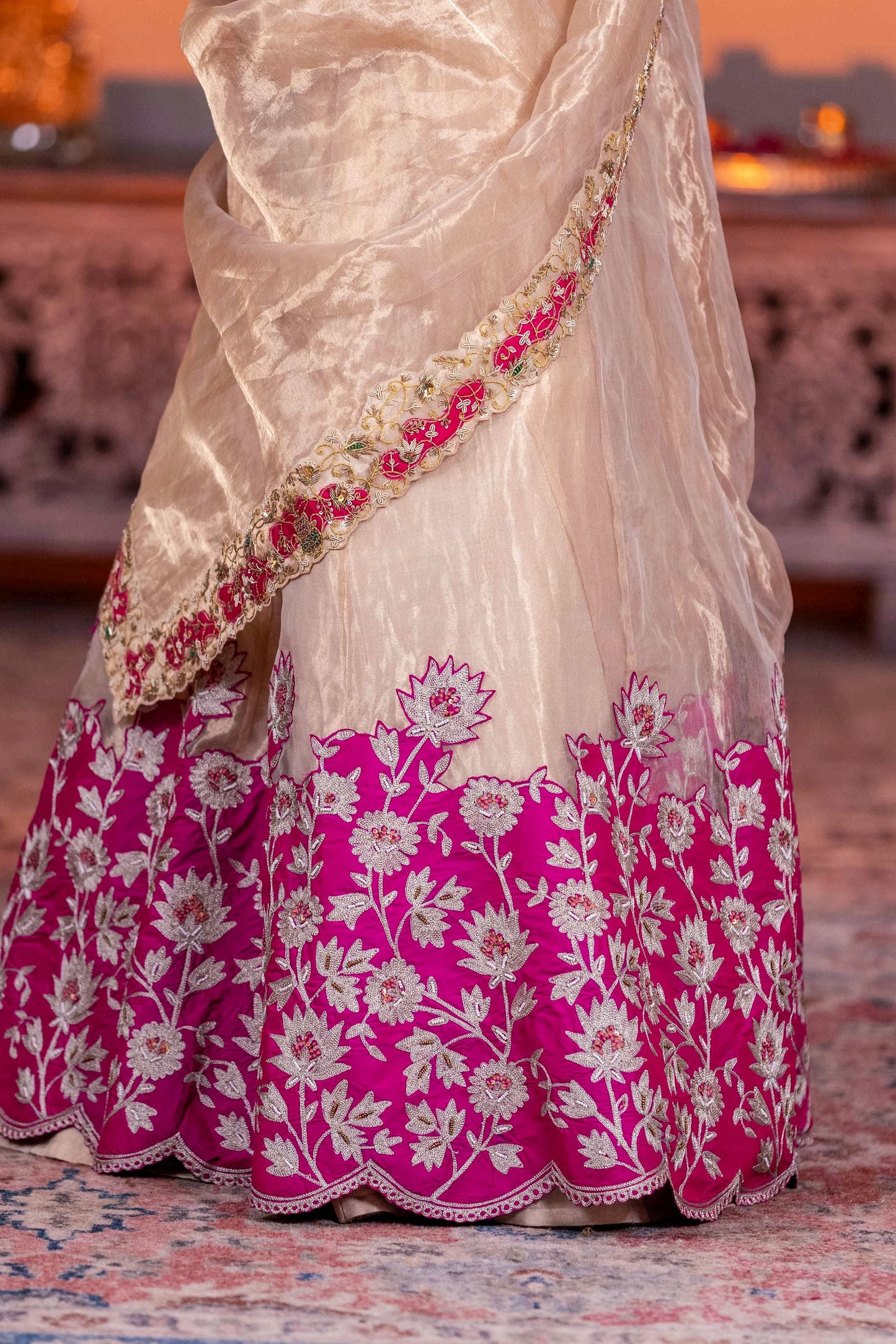 Luxury Golden Tissue Lehenga Saree Set with Dabka Cutdana Pearl And Zari Work Dupatta