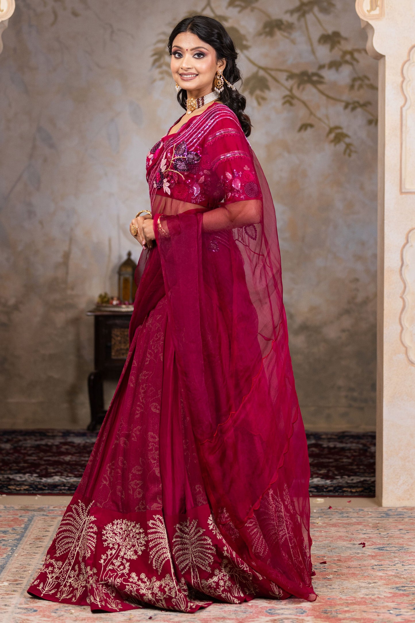 Luxury Wine Lehenga Saree with Heavy Zari Work and Handcrafted Silk Blouse