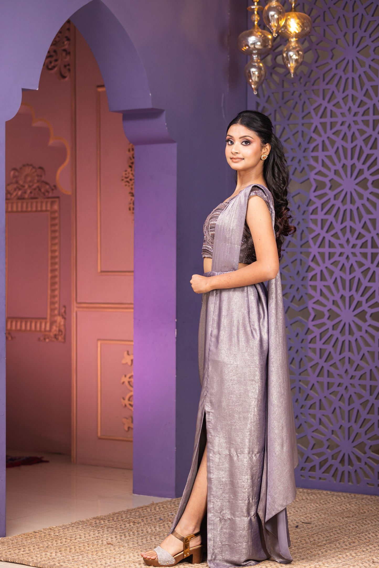 Grey Drape Saree With Side Slit Skirt Attached Pallu And Blouse