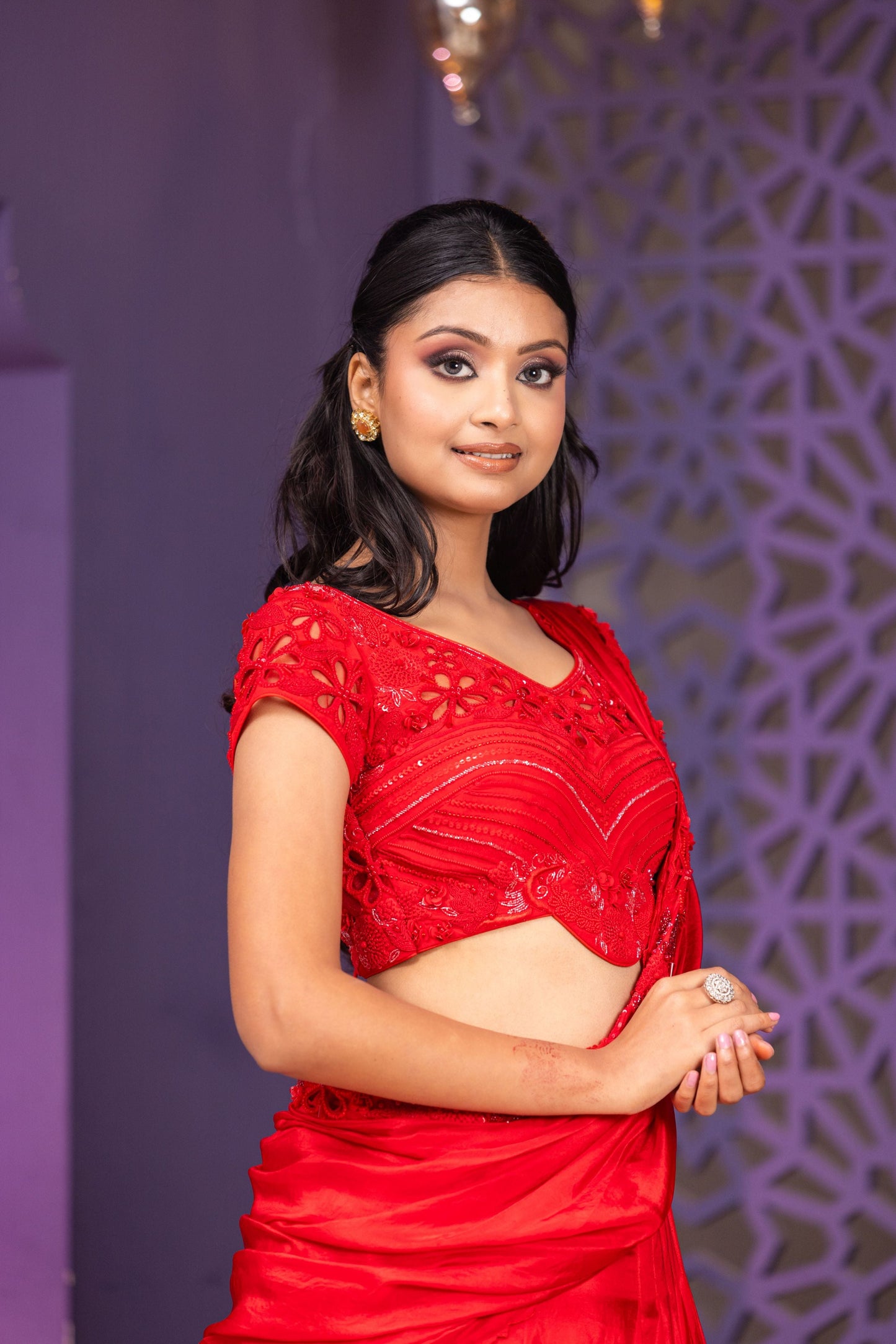 Luxury Red Lehenga Saree Set Featuring Heavy Nalki Thread And Pearl Work Blouse